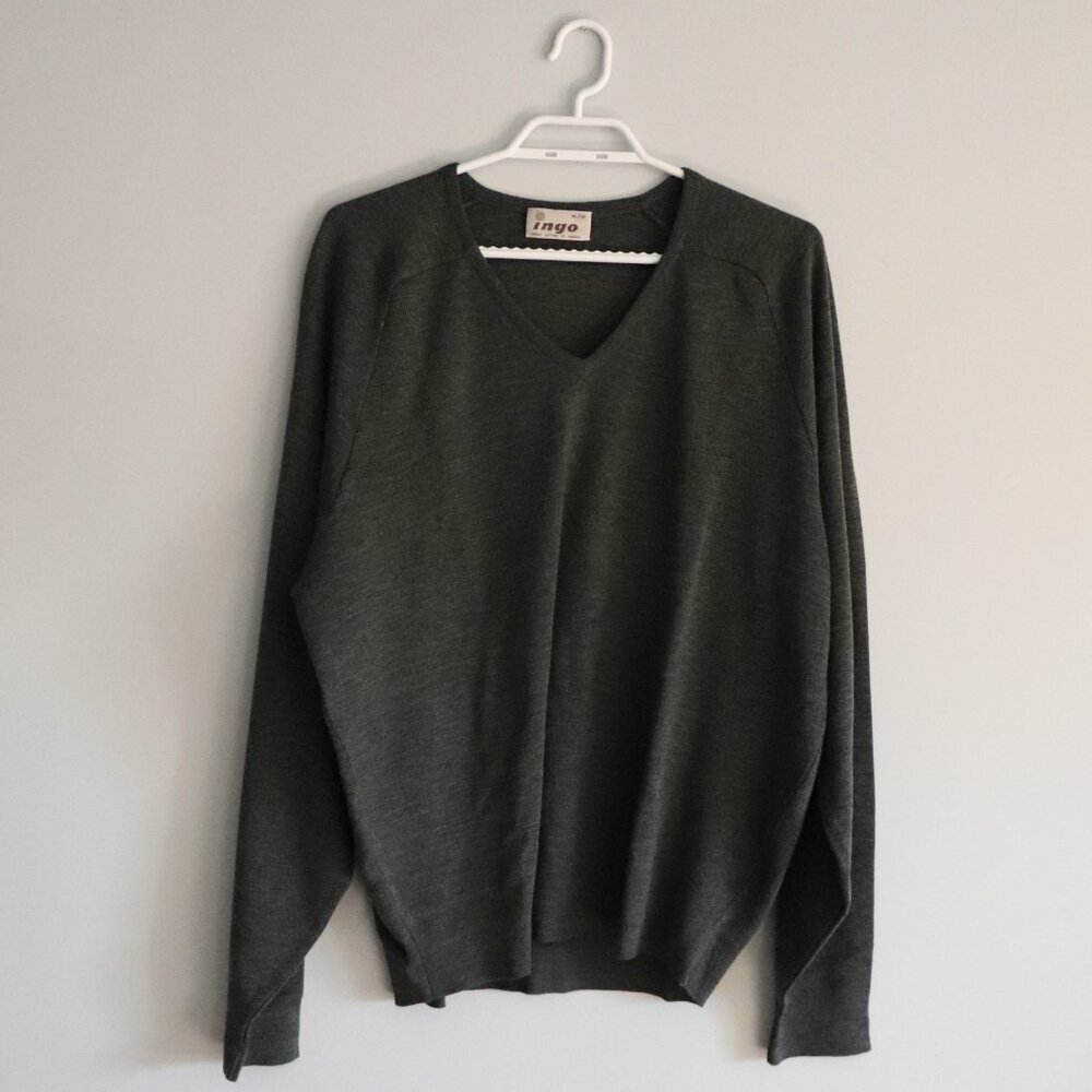 Vntg Ingo Men's Sz XL Green Alpaca Wool V-Neck‎ Stretch Long Sleeve Sweater